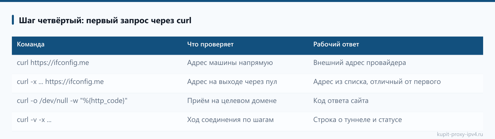 Шаг четвёртый: первый запрос через curl: таблица из статьи «Первое подключение прокси IPv4: от включённого пакета до рабочего запроса»